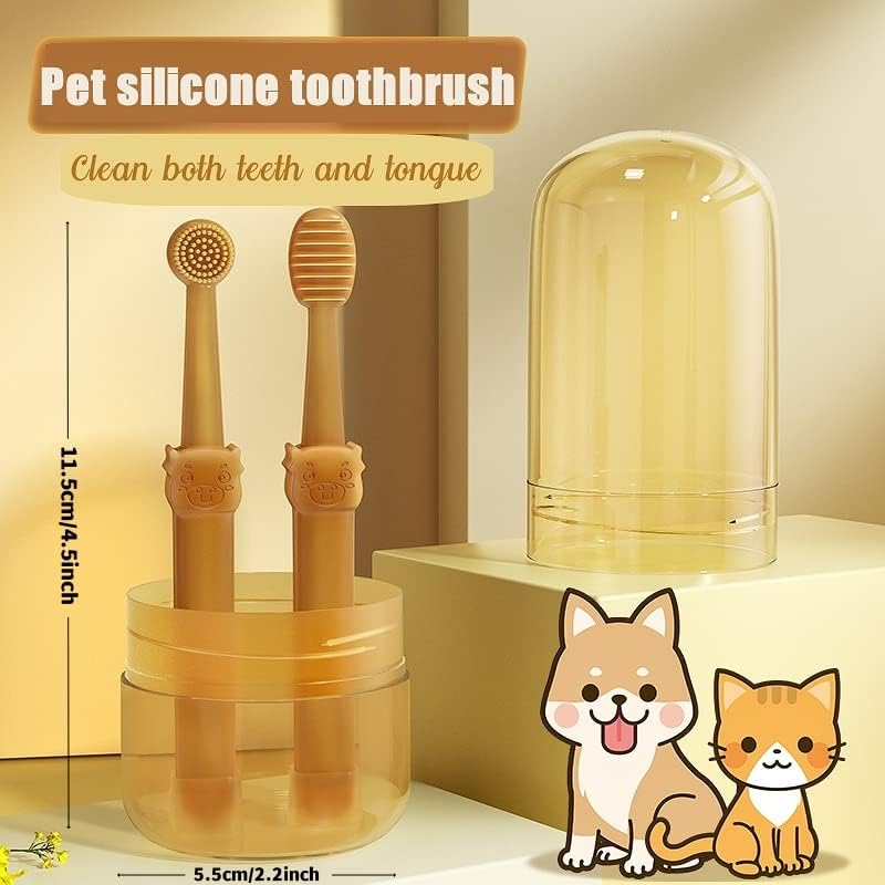 Dog & Cat Toothbrush Kit with Storage Cup, 360° Silicone Mini Head Tongue Cleaning Brush, Pet Dental Care for Doggie Kitten Ferret Dutch Pigs