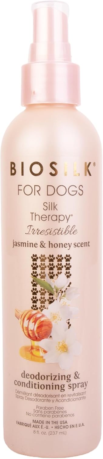 BioSilk for Dogs Silk Therapy Irresistible Detangling and Shine Spray, Jasmine and Honey Scent, Hydrolyzed Silk Proteins, Paraben Free, pH Balanced for Dogs, Safe for Dogs 8 Weeks+, 8 fl oz