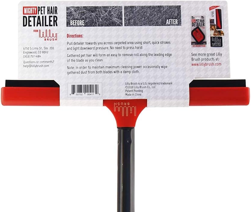 Lilly Brush Mighty Pet Hair Detailer - Carpet Rake & Broom for Pet Hair Removal, Double Rubber Blade, 52" Handle