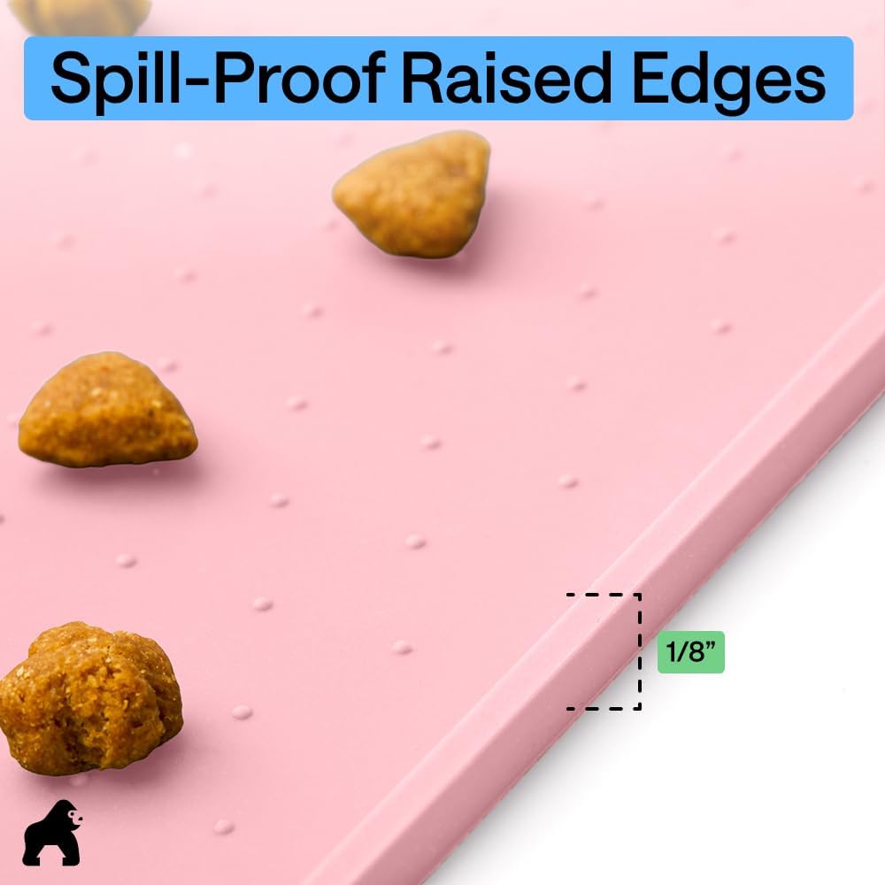 GORILLA GRIP 100% Waterproof Raised Edge BPA Free Silicone Pet Feeding Mat, Dog Cat Food Mats Contain Spills Protects Floors, Placemats for Cats and Dogs Water Bowl, 18.5x11.5, Gray