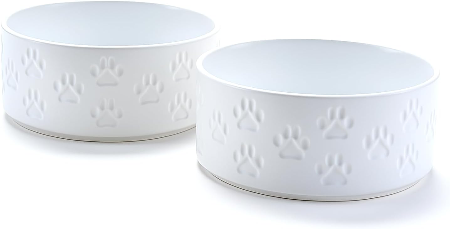 SPUNKYJUNKY Elevated Dog Bowls Ceramic, 6.1'' Dogs and Cat Food Water Bowls Raised with Non-Slip Bamboo Stand for Medium Sized Breed Microwave Dishwasher Safe - 28.7 OZ,Beige