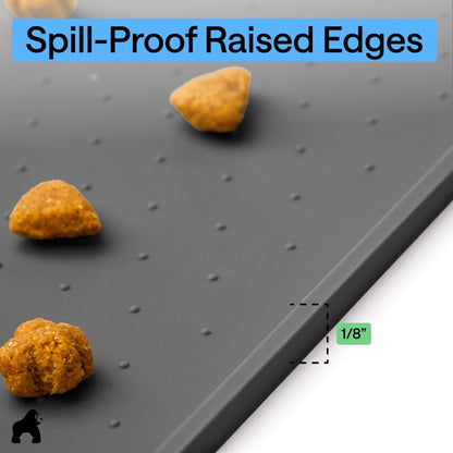 GORILLA GRIP 100% Waterproof Raised Edge BPA Free Silicone Pet Feeding Mat, Dog Cat Food Mats Contain Spills Protects Floors, Placemats for Cats and Dogs Water Bowl, 18.5x11.5, Gray