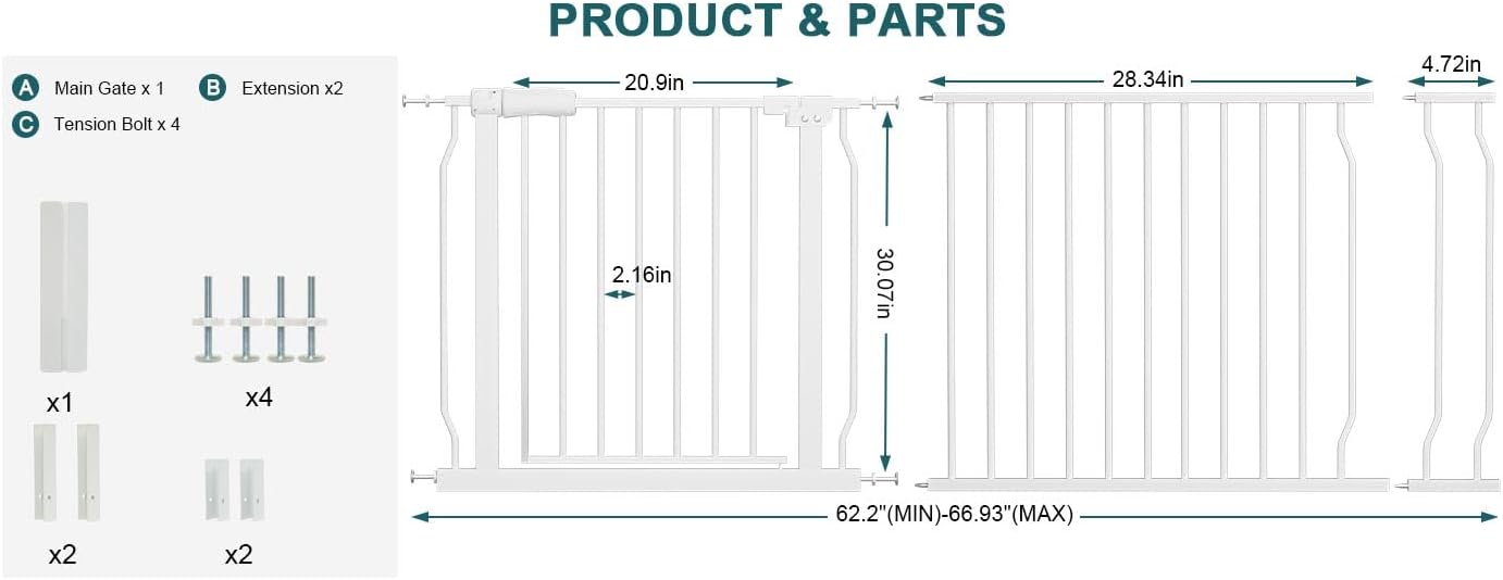 Extra Wide Baby Gate Tension Indoor Safety Gates Black Metal Large Pressure Mounted Pet Gate Walk Through Long Safety Dog Gate for The House Doorways Stairs (62.2"-66.93"/158-170CM, Black)