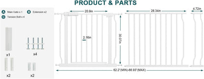Extra Wide Baby Gate Tension Indoor Safety Gates Black Metal Large Pressure Mounted Pet Gate Walk Through Long Safety Dog Gate for The House Doorways Stairs (62.2"-66.93"/158-170CM, Black)