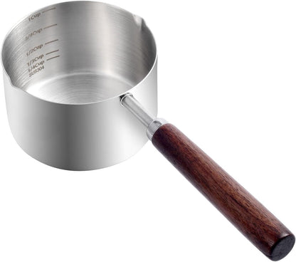 Kichwit Dog Food Scoop, 1 Cup and 1/2 Cup, 304 Stainless Steel Pet Food Scoop Measuring Cup with Wooden Handle, Set of 2