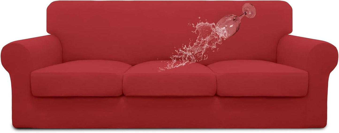 Easy-Going 100% Dual Waterproof 4 Pieces Stretch Soft Couch Cover for Dogs, Sofa Slipcover for 3 Separate Cushion Couch Leakproof Furniture Protector for Kids, Pets Dark Gray