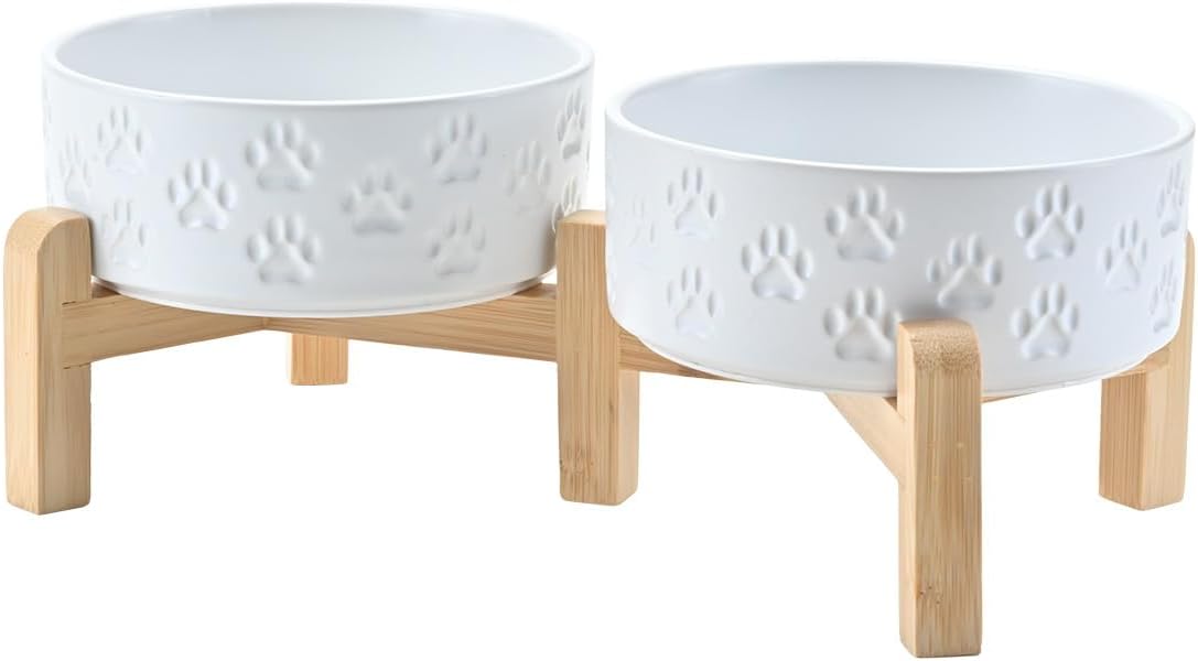SPUNKYJUNKY Elevated Dog Bowls Ceramic, 6.1'' Dogs and Cat Food Water Bowls Raised with Non-Slip Bamboo Stand for Medium Sized Breed Microwave Dishwasher Safe - 28.7 OZ,Beige
