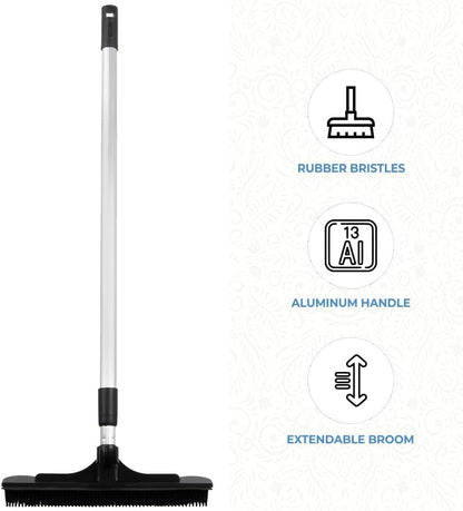 ForPro Extendable Salon Broom, Non-Scratch Rubber Bristles, Aluminum Handle Adjustable to 51.5”, Ideal for Pet Hair, Lint, Dust, Dirt, Black
