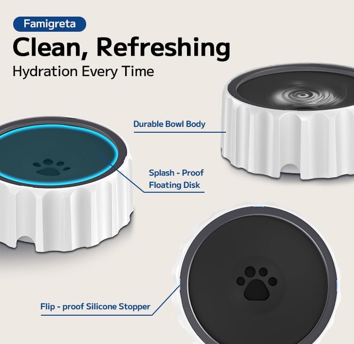 Dog Water Bowl 70oz/2L Large Capacity Water Dispenser No Spill Non Slip No Splash Pet Slow Feeder No Drip Vehicle Carried Travel Slow Drinking Bowl for Dogs Cat(White)