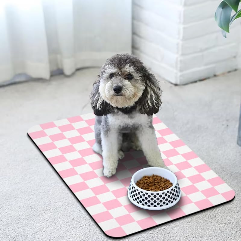 Dog Food Mats for Floors Waterproof, Pet Water Bowl Mats Pet Feeding Absorbent Placemats Plaid 12 * 20 inch