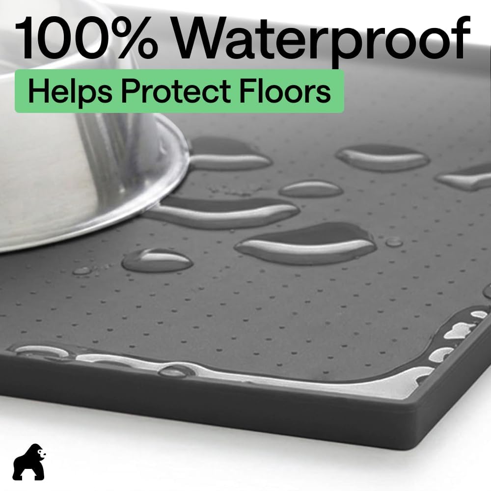 GORILLA GRIP 100% Waterproof Raised Edge BPA Free Silicone Pet Feeding Mat, Dog Cat Food Mats Contain Spills Protects Floors, Placemats for Cats and Dogs Water Bowl, 18.5x11.5, Gray