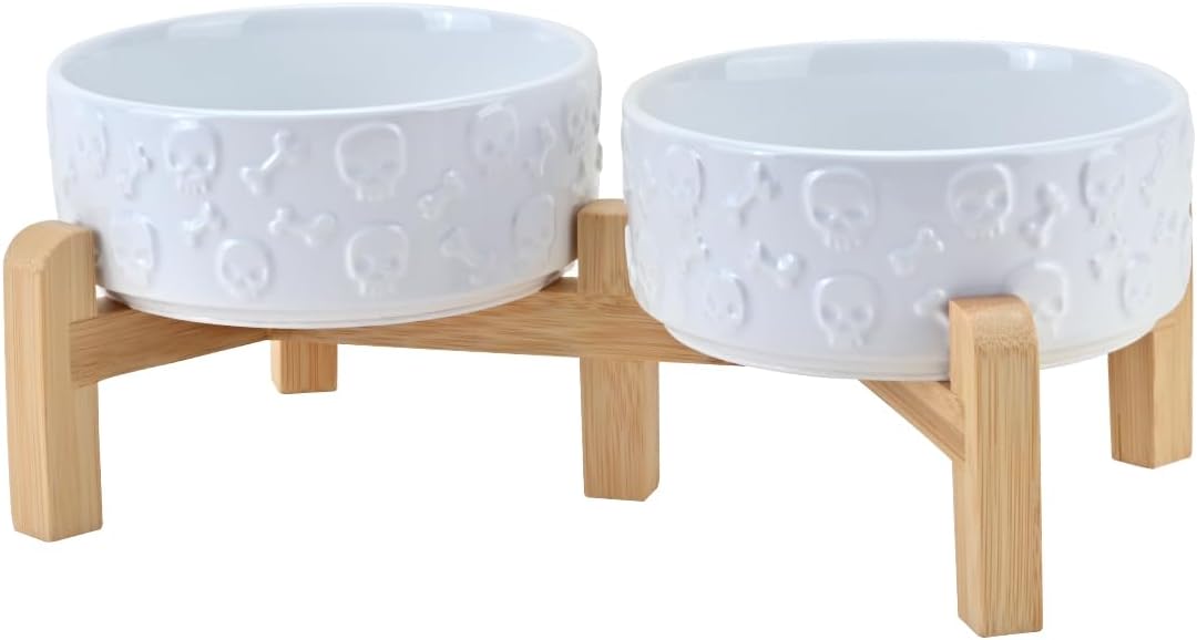 SPUNKYJUNKY Elevated Dog Bowls Ceramic, 6.1'' Dogs and Cat Food Water Bowls Raised with Non-Slip Bamboo Stand for Medium Sized Breed Microwave Dishwasher Safe - 28.7 OZ,Beige
