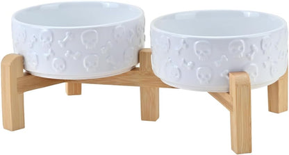 SPUNKYJUNKY Elevated Dog Bowls Ceramic, 6.1'' Dogs and Cat Food Water Bowls Raised with Non-Slip Bamboo Stand for Medium Sized Breed Microwave Dishwasher Safe - 28.7 OZ,Beige