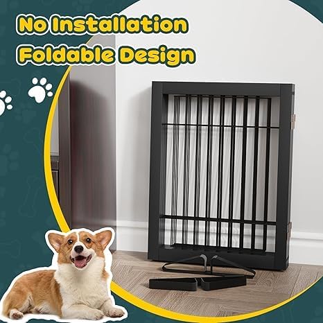 Freestanding Dog Gates Indoor, 3-Panel Pet Gates with 2 Metal Stands and 360° Hinge, 24" H Foldable Dog Gate for Stairs, Doorway, Kitchen, Expands Up to 55" Fully Assembled - Black Walnut