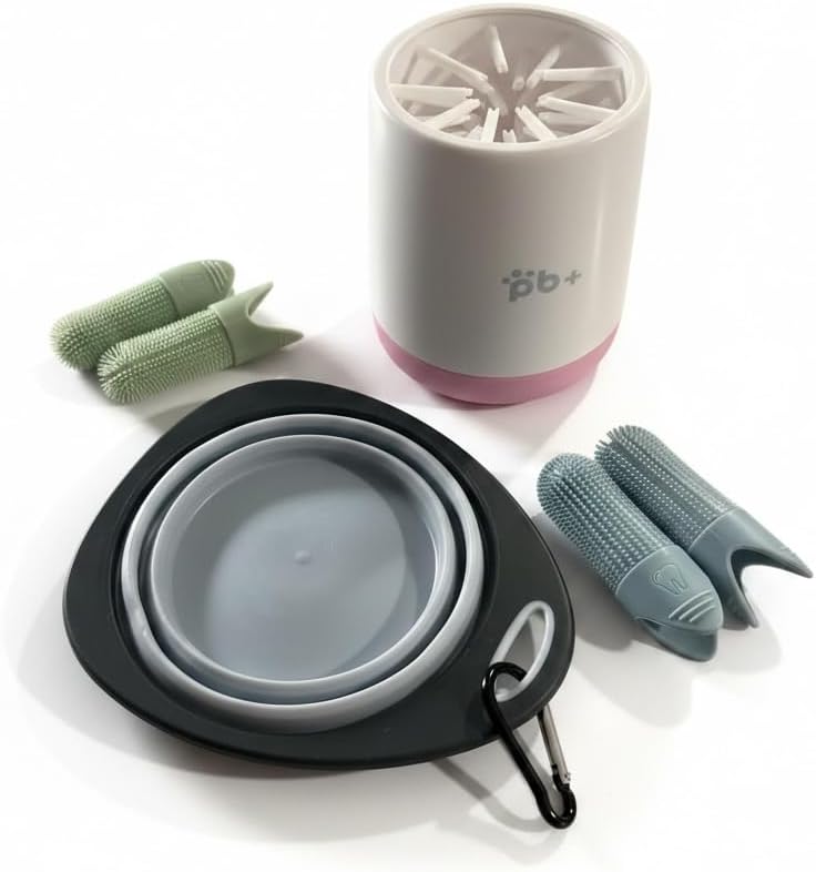 Dog Grooming Kit – Paw Cleaner Cup for Muddy Paws, Collapsible Travel Bowl with Carabiner & 4 Silicone Finger Toothbrushes – Portable Pet Dental Care & Paw Washer for Small Dogs, Puppies & Cats
