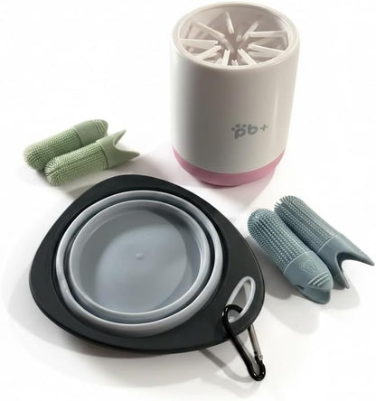 Dog Grooming Kit – Paw Cleaner Cup for Muddy Paws, Collapsible Travel Bowl with Carabiner & 4 Silicone Finger Toothbrushes – Portable Pet Dental Care & Paw Washer for Small Dogs, Puppies & Cats