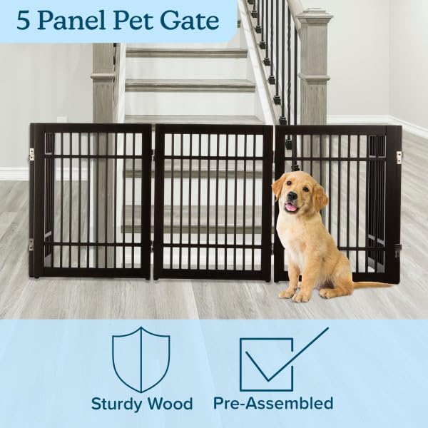 Freestanding Dog Gate - 5-Panel Foldable Indoor Pet Fence - 91x24-Inch Extra Wide Wood Dog Gate for Stairs, Hallways or Doorways by PETMAKER (White)