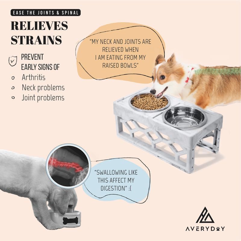 AVERYDAY Elevated Dog Bowls, 4 Height Adjustable Stand for Medium and Large Dogs, Raised Dog Feeder Holder with 2 Stainless Steel Food and Water Bowls, Anti-Slip Base Tall Feeding Station