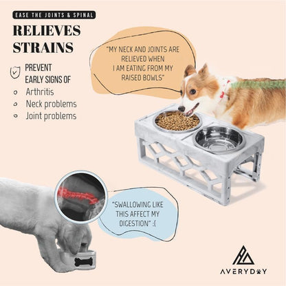 AVERYDAY Elevated Dog Bowls, 4 Height Adjustable Stand for Medium and Large Dogs, Raised Dog Feeder Holder with 2 Stainless Steel Food and Water Bowls, Anti-Slip Base Tall Feeding Station