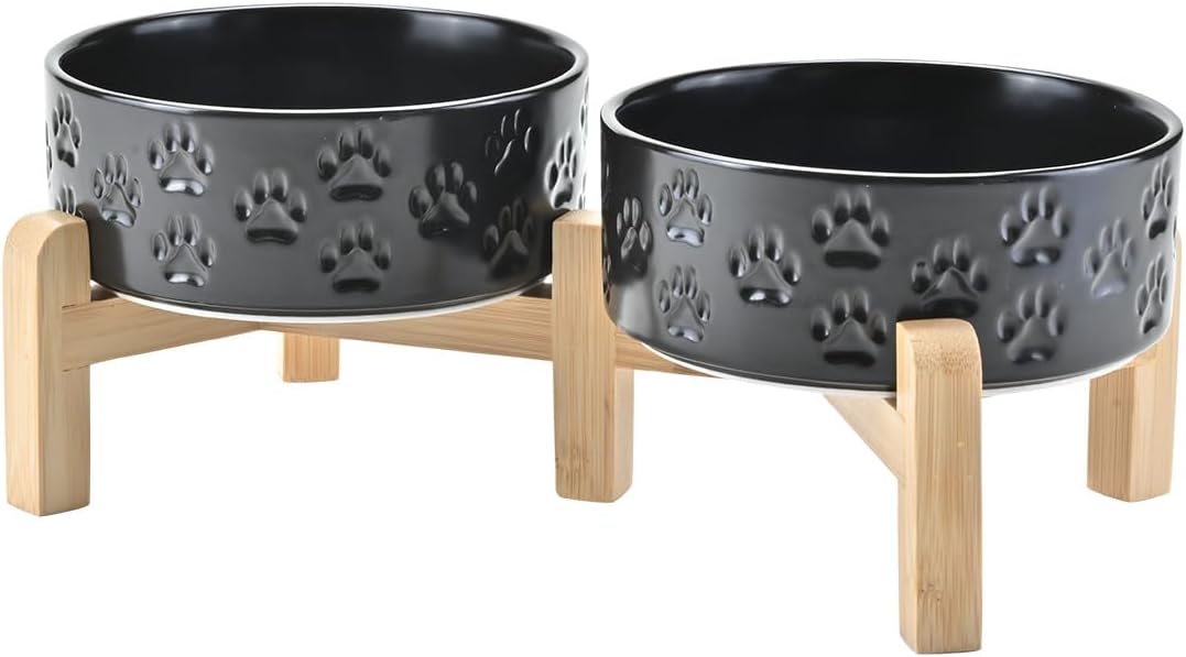 SPUNKYJUNKY Elevated Dog Bowls Ceramic, 6.1'' Dogs and Cat Food Water Bowls Raised with Non-Slip Bamboo Stand for Medium Sized Breed Microwave Dishwasher Safe - 28.7 OZ,Beige