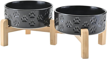 SPUNKYJUNKY Elevated Dog Bowls Ceramic, 6.1'' Dogs and Cat Food Water Bowls Raised with Non-Slip Bamboo Stand for Medium Sized Breed Microwave Dishwasher Safe - 28.7 OZ,Beige