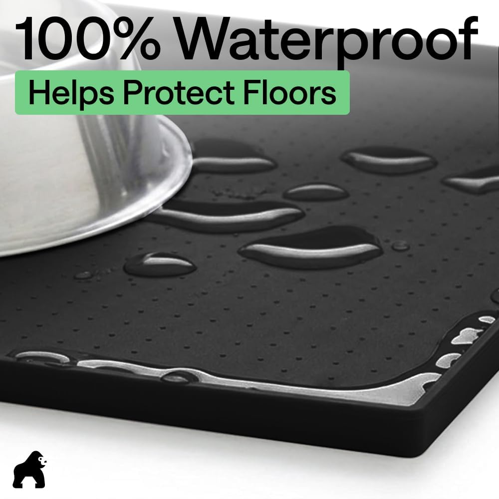 GORILLA GRIP 100% Waterproof Raised Edge BPA Free Silicone Pet Feeding Mat, Dog Cat Food Mats Contain Spills Protects Floors, Placemats for Cats and Dogs Water Bowl, 18.5x11.5, Gray