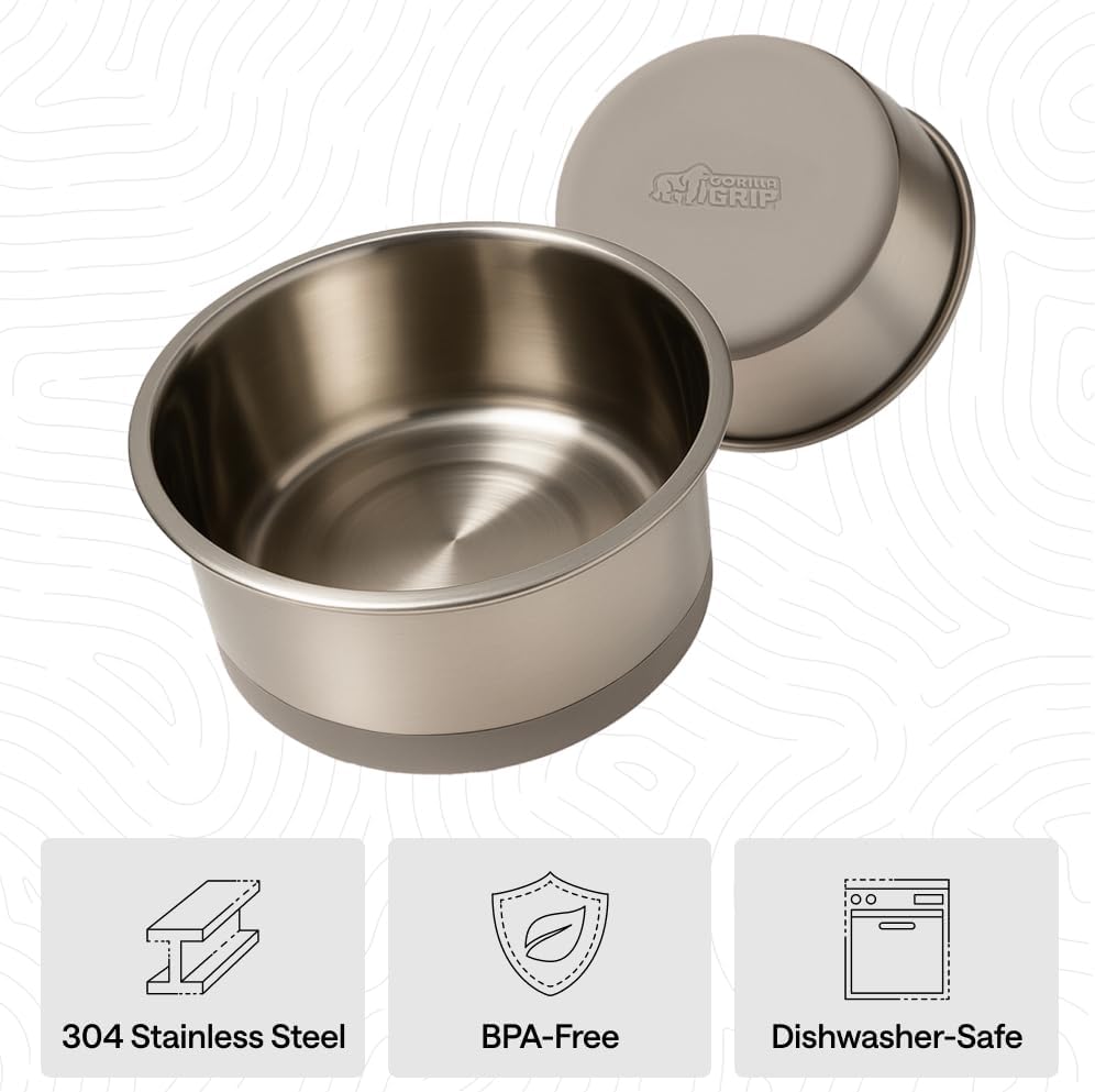 GORILLA GRIP Dog Bowls, Food Grade 304 Stainless Steel, Holds 2 Cups Each (16 fl oz) Food and Water Bowl for Feeding Dogs and Cats, Dishwasher Safe, Rust Resistant, BPA Free Rubber Base Set of 2 Black