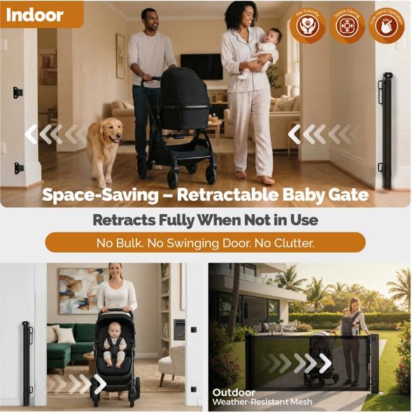 Retractable Baby Gate - 118" Extra Wide Mesh Dog Gate with Support Rods - 34" Tall for Stairs, Doorways, Hallways - Drill or No-Drill - Pet & Cat Gate - Outdoor/Indoor (Black, 9.84 ft)
