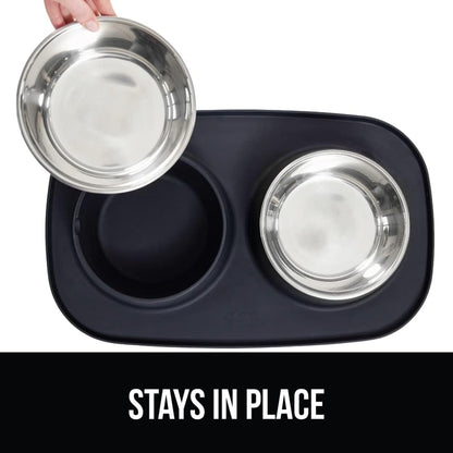 GORILLA GRIP Feeding Mat Set, Patent Pending 100% Waterproof BPA Free Silicone, Stainless Steel Cat and Dog Bowls, Slip Resistant, 1 Black mat/tray with 2 stainless steel bowls