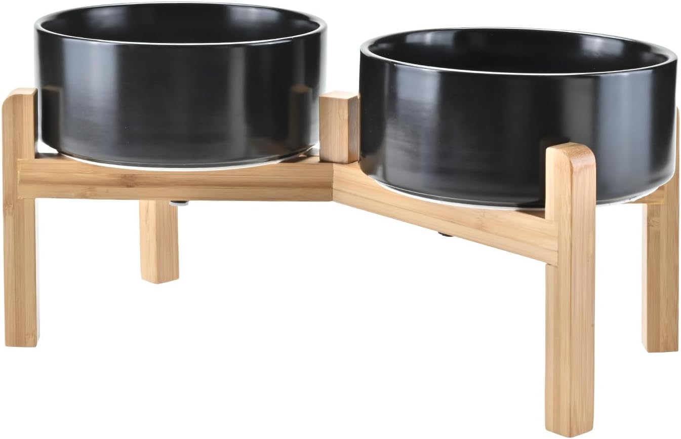 SPUNKYJUNKY Elevated Dog Bowls Ceramic, 6.1'' Dogs and Cat Food Water Bowls Raised with Non-Slip Bamboo Stand for Medium Sized Breed Microwave Dishwasher Safe - 28.7 OZ,Beige