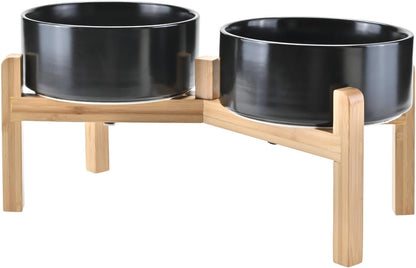 SPUNKYJUNKY Elevated Dog Bowls Ceramic, 6.1'' Dogs and Cat Food Water Bowls Raised with Non-Slip Bamboo Stand for Medium Sized Breed Microwave Dishwasher Safe - 28.7 OZ,Beige
