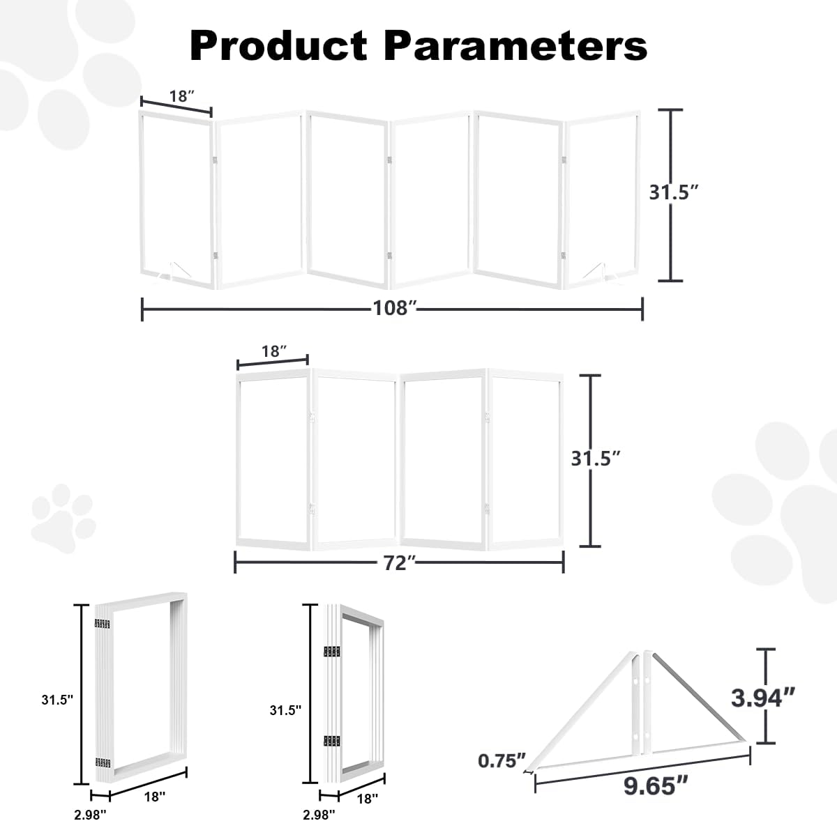 Extra Wide Clear Dog Gate，6 Panel (107.957" W*31.5" Tall) Wooden Dog Gate, Clear Acrylic Pet Gate，Transparent Freestanding Pet Gate for Doorways Stairs