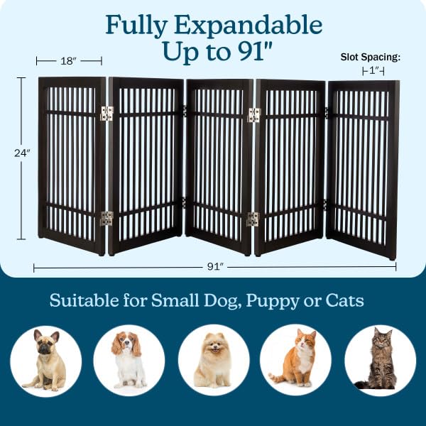 Freestanding Dog Gate - 5-Panel Foldable Indoor Pet Fence - 91x24-Inch Extra Wide Wood Dog Gate for Stairs, Hallways or Doorways by PETMAKER (White)
