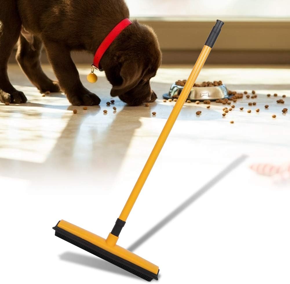 Pet Hair Sweeper, Rubber Broom Pet Hair Lint Removal Device with Telescopic Bristles Sweep Cleaner 27 to 47 Inches Adjustable Length Rubber Bristles TPE Scraper for Carpet Tile Hardwood Linoleum