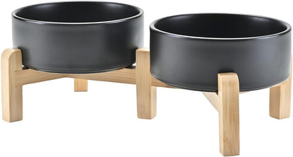 SPUNKYJUNKY Elevated Dog Bowls Ceramic, 6.1'' Dogs and Cat Food Water Bowls Raised with Non-Slip Bamboo Stand for Medium Sized Breed Microwave Dishwasher Safe - 28.7 OZ,Beige