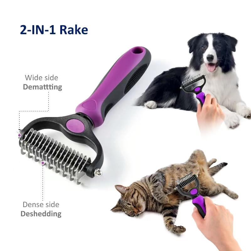 WePet Grooming Rake for Dogs & Cats, Double-Sided Deshedding Brush, Extra-Wide Dematting Tool, Slicker Comb for Undercoat & Loose Hair Removal, Reduces Shedding by 95%, Blue, Small