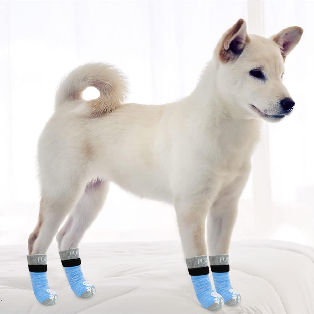 PUPTECK Anti-Slip Dog Socks with Double Sides Grips for Small Medium Large Dogs Hardwood Floors Prevents Licking, Dog Shoes for Hot Pavement Traction Control Paw Protector for Senior Dogs, Grey L