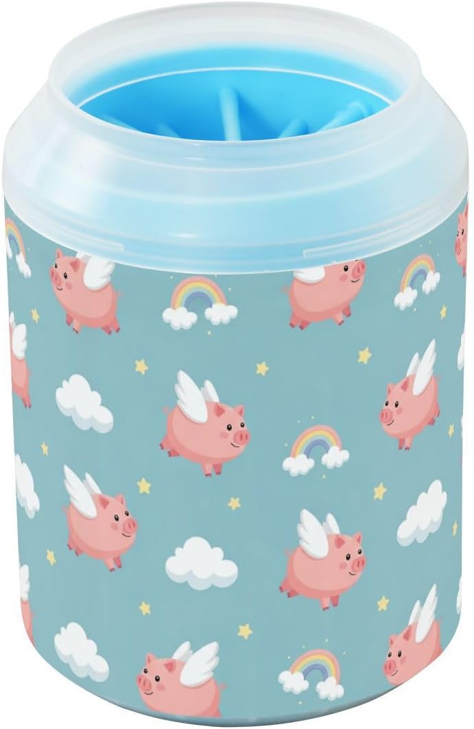 Pigs Clouds Blue Print Dog Paw Cleaner Cup with Soft Silicone Brush, Lightweight Portable Small Muddy Paw Washer for Dogs, Easy to Use Pet Foot Cleaner