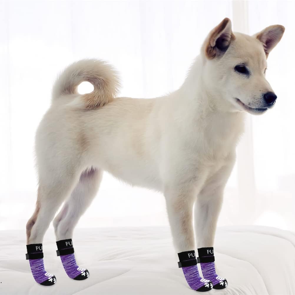 PUPTECK Anti-Slip Dog Socks with Double Sides Grips for Small Medium Large Dogs Hardwood Floors Prevents Licking, Dog Shoes for Hot Pavement Traction Control Paw Protector for Senior Dogs, Grey L