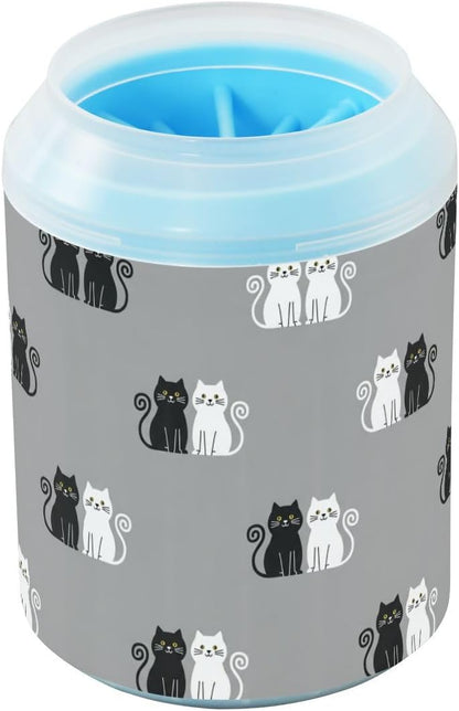 Black White Cats Gray Print Dog Paw Cleaner Cup with Soft Silicone Brush, Portable Lightweight Small Muddy Paw Washer for Dogs, Easy to Use Pet Foot Cleaner