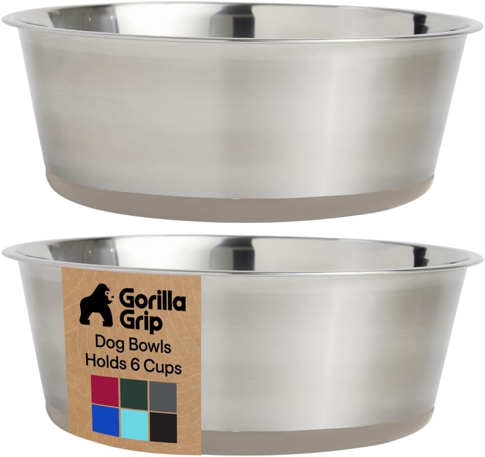 GORILLA GRIP Dog Bowls, Food Grade 304 Stainless Steel, Holds 2 Cups Each (16 fl oz) Food and Water Bowl for Feeding Dogs and Cats, Dishwasher Safe, Rust Resistant, BPA Free Rubber Base Set of 2 Black