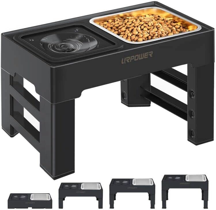 URPOWER 2-in-1 Elevated Slow Feeder Dog Bowls with No-Spill Water Bowl, 4 Height-Adjustable Raised Dog Bowls, Non-Slip Food and Water Bowls with Stand for Small, Medium, Large Dogs, Cats and Pets