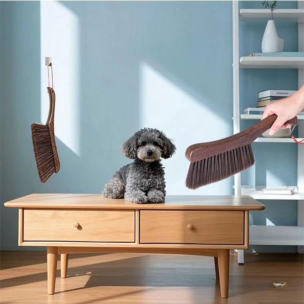 Pet Hair Remover Mitt Glove & Counter Brush Tool - Natural Fiber Soft Bristles Small Whisk Broom- Dog Cat Hair Grooming Removal Glove for Furniture Kitchen & Couch, Wooden Duster
