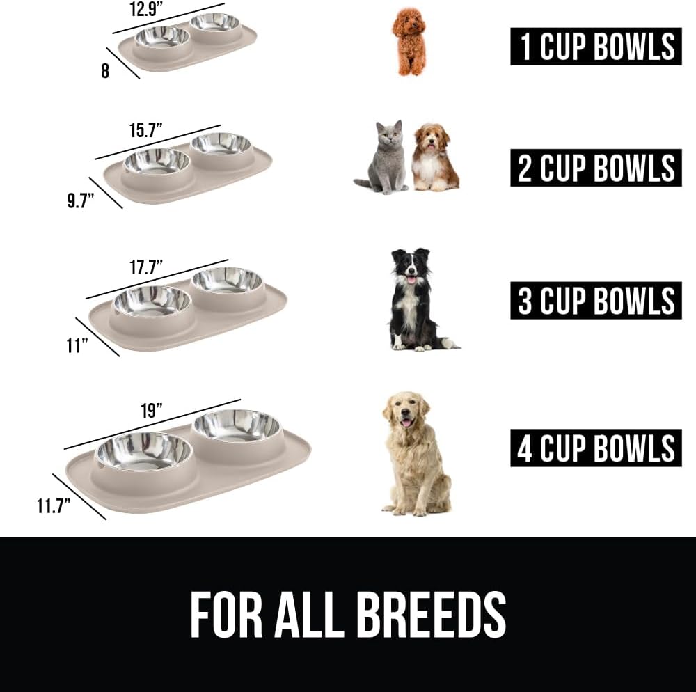 GORILLA GRIP Feeding Mat Set, Patent Pending 100% Waterproof BPA Free Silicone, Stainless Steel Cat and Dog Bowls, Slip Resistant, 1 Black mat/tray with 2 stainless steel bowls