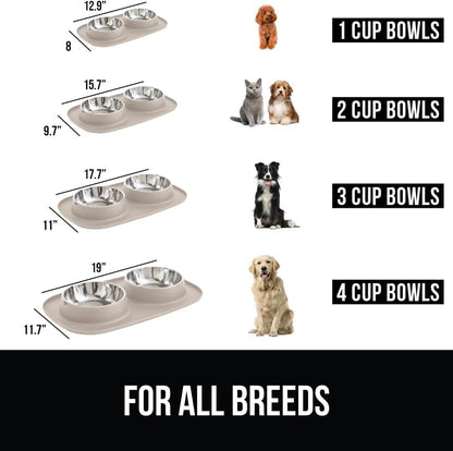 GORILLA GRIP Feeding Mat Set, Patent Pending 100% Waterproof BPA Free Silicone, Stainless Steel Cat and Dog Bowls, Slip Resistant, 1 Black mat/tray with 2 stainless steel bowls