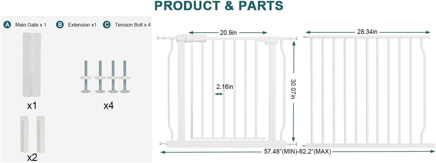 Extra Wide Baby Gate Tension Indoor Safety Gates Black Metal Large Pressure Mounted Pet Gate Walk Through Long Safety Dog Gate for The House Doorways Stairs (62.2"-66.93"/158-170CM, Black)