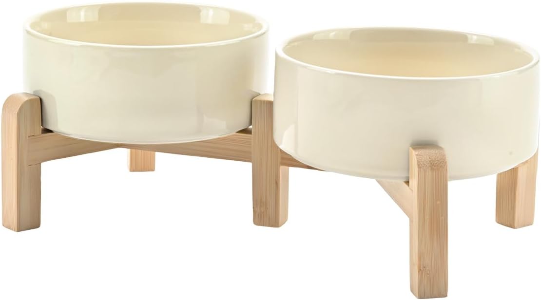 SPUNKYJUNKY Elevated Dog Bowls Ceramic, 6.1'' Dogs and Cat Food Water Bowls Raised with Non-Slip Bamboo Stand for Medium Sized Breed Microwave Dishwasher Safe - 28.7 OZ,Beige