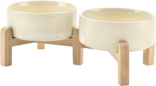 SPUNKYJUNKY Elevated Dog Bowls Ceramic, 6.1'' Dogs and Cat Food Water Bowls Raised with Non-Slip Bamboo Stand for Medium Sized Breed Microwave Dishwasher Safe - 28.7 OZ,Beige
