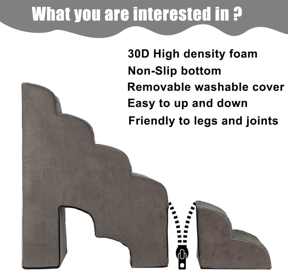 Dog Stairs for High Beds 30-36 inches Tall, 6-Step Dog Steps for Bed 32-36 inches for Small Large Dogs, Doggie Ramp for Bed, 30D Foam Pet Stairs for Old Dogs/Cats, Free-Installation, Grey
