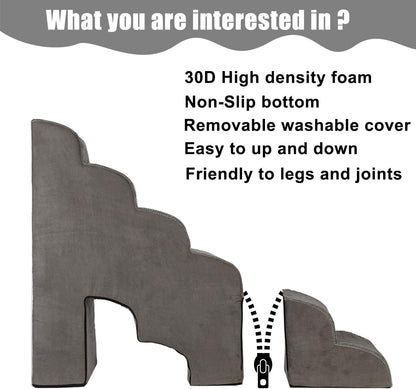 Dog Stairs for High Beds 30-36 inches Tall, 6-Step Dog Steps for Bed 32-36 inches for Small Large Dogs, Doggie Ramp for Bed, 30D Foam Pet Stairs for Old Dogs/Cats, Free-Installation, Grey